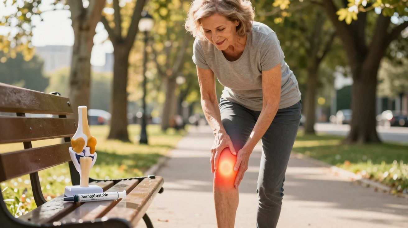 Femme âgée souffrant de douleur au genou en marchant dans un parc, modèle de genou et médicament à côté.