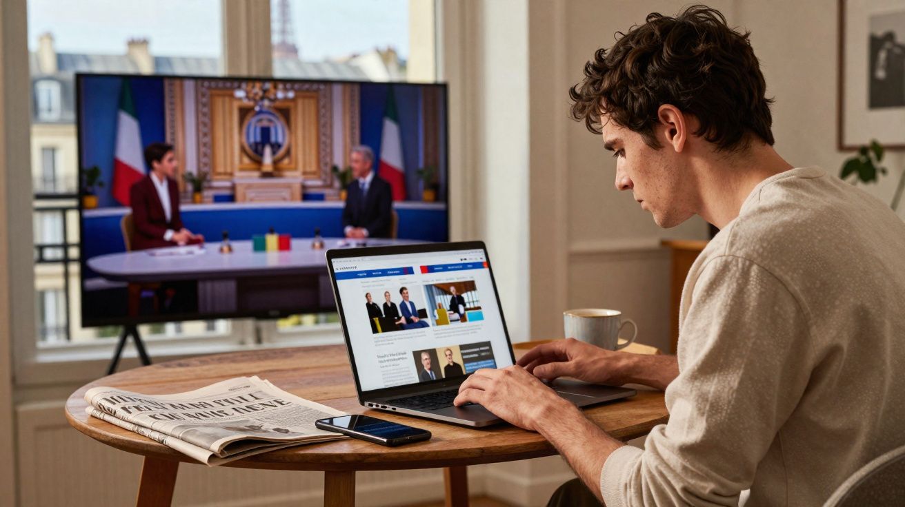 Homme travaillant sur son ordinateur portable à une table avec journal, tasse, téléphone, et télévision en arrière-plan.