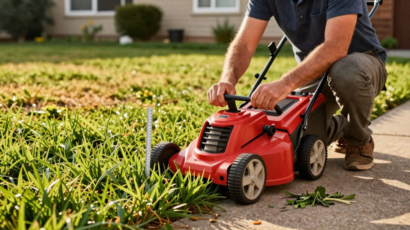 Homme agenouillé réglant une tondeuse rouge pour couper l'herbe d'un jardin ensoleillé.
