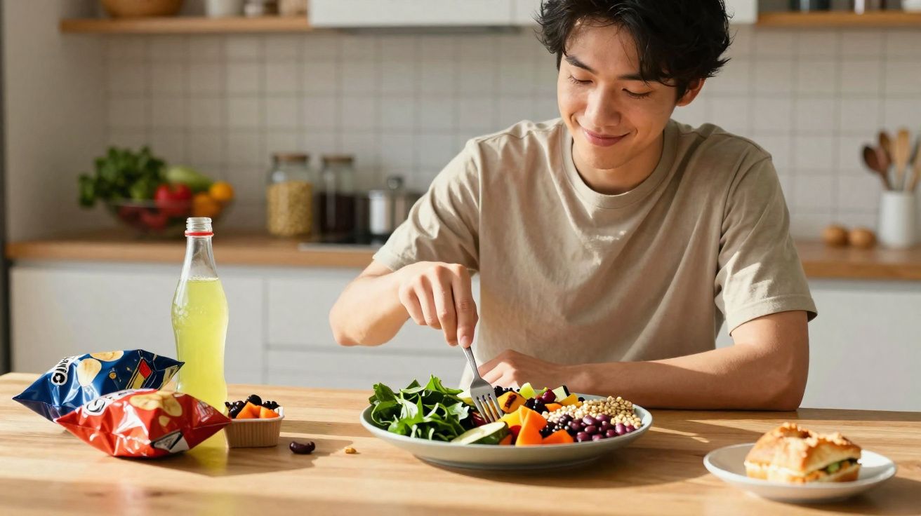 Jeune homme souriant mangeant une salade variée à table avec chips, boisson et sandwich en cuisine moderne.
