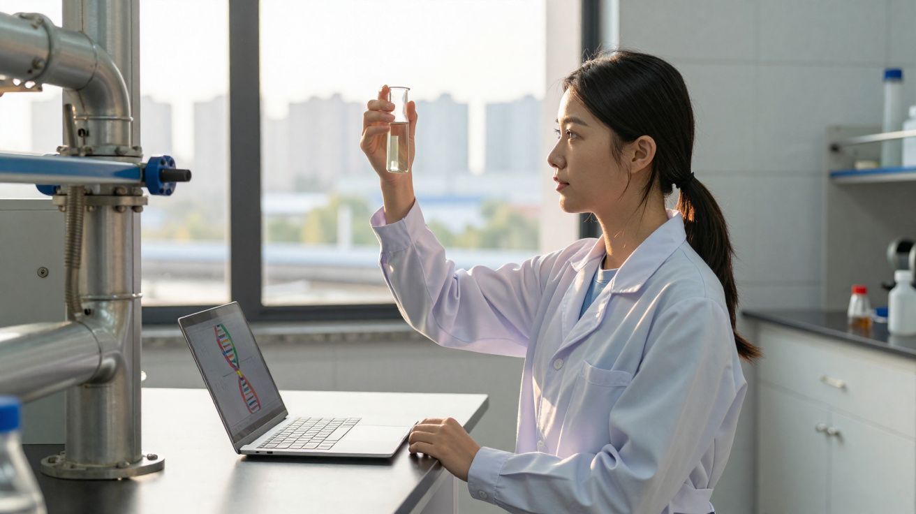 Jeune femme scientifique en blouse blanche examinant un flacon avec un liquide dans un laboratoire.
