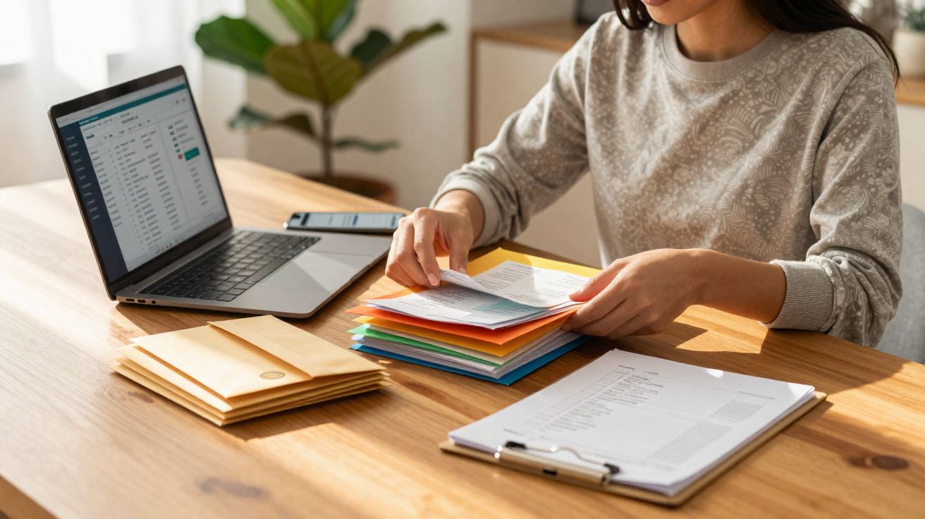 Personne trieuse de documents colorés à une table avec un ordinateur portable, des enveloppes et un clipboard.