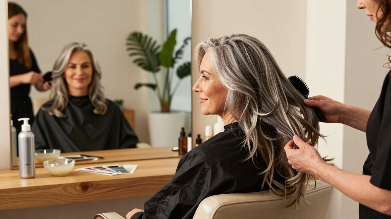 Femme aux cheveux gris coiffée dans un salon de coiffure, regardant son reflet dans le miroir.