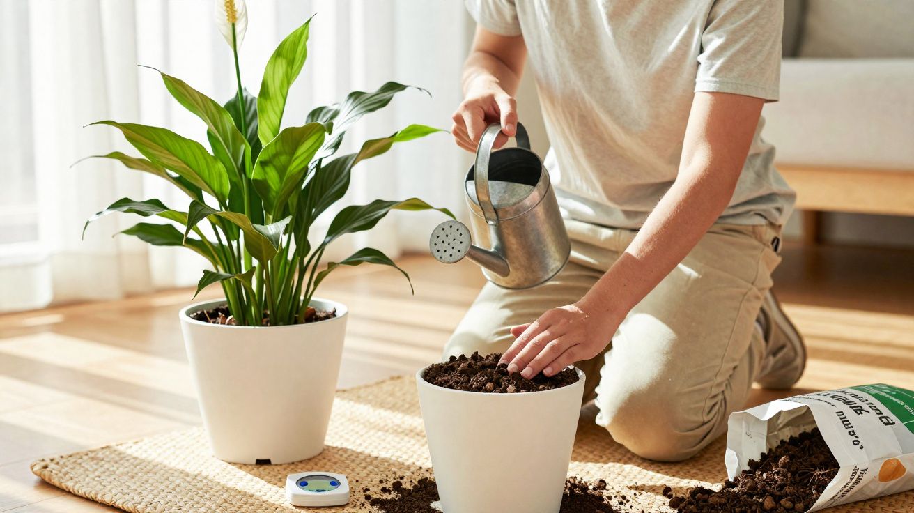 Personne arrosant une plante verte en pot blanc dans un intérieur lumineux sur un tapis beige.