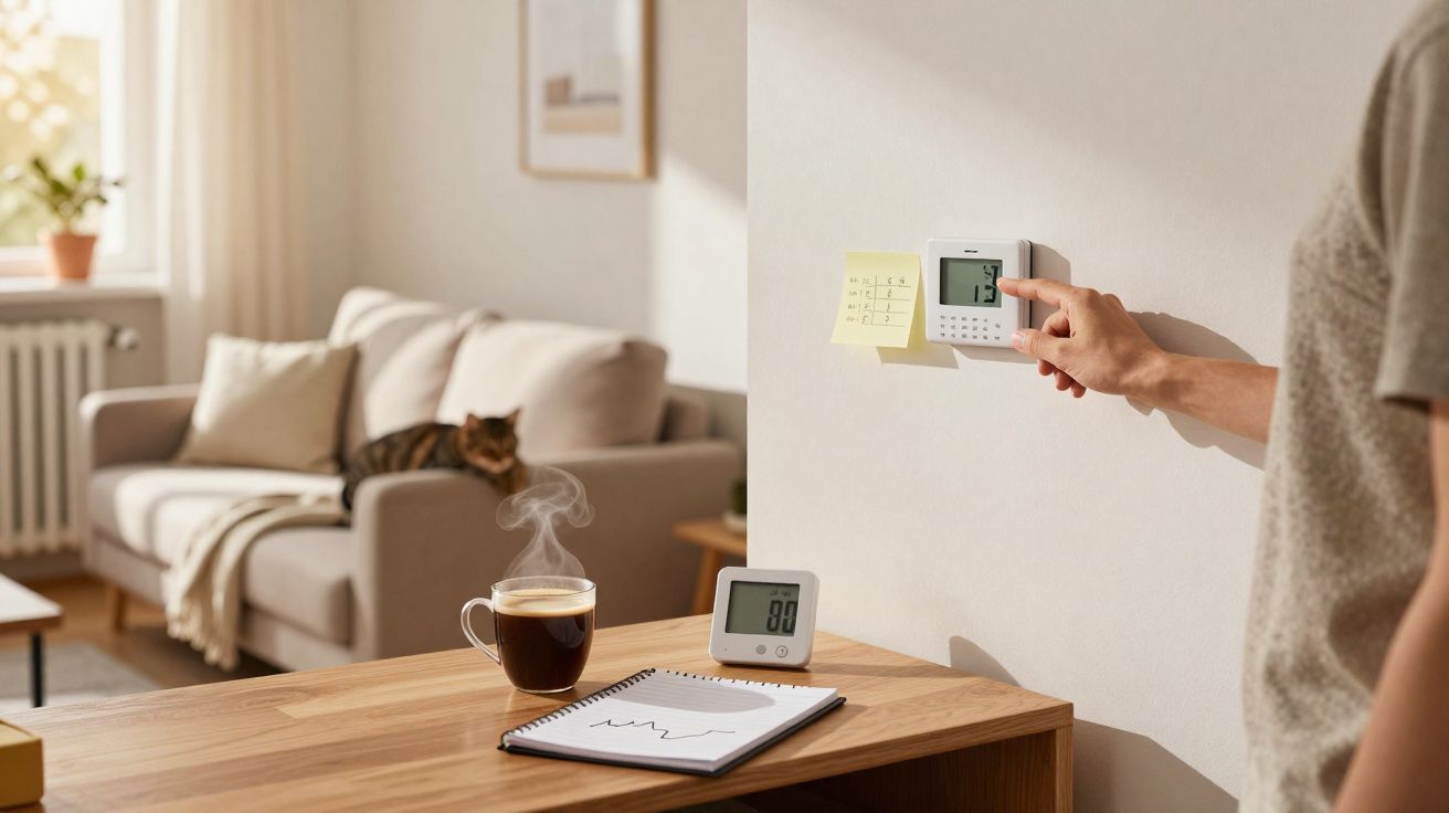 Main réglant un thermostat mural, café fumant et cahier sur une table en bois dans un salon lumineux.