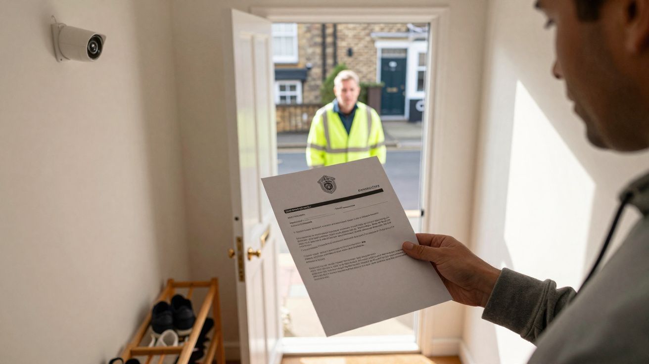 Un homme tenant une lettre avec un agent en uniforme jaune visible à la porte ouverte d'une maison.