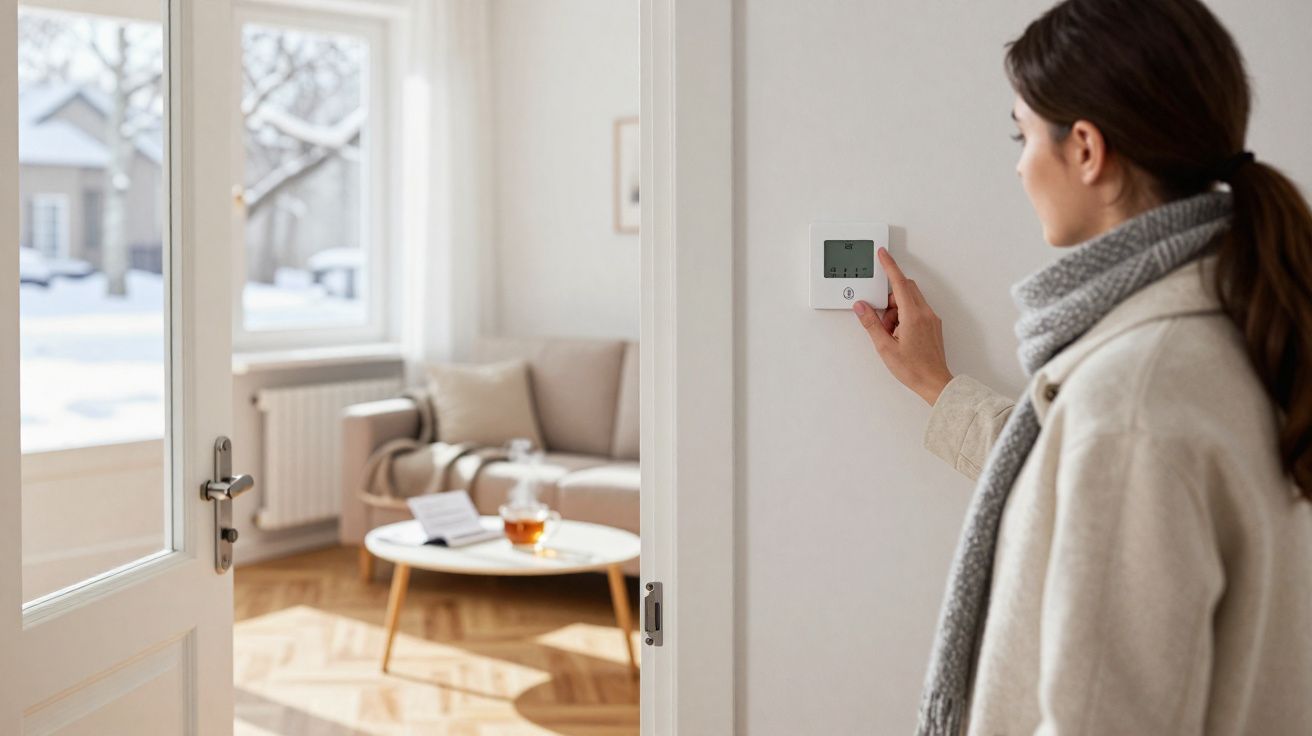 Femme réglant un thermostat mural dans un salon lumineux avec une table basse et un canapé beige.