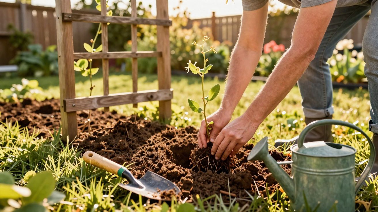 Une personne plante une jeune pousse dans un jardin ensoleillé, avec un arrosoir et une pelle à côté.
