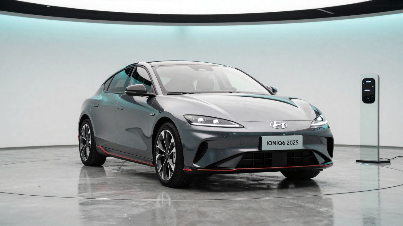 Voiture électrique Hyundai Ioniq 6 2025 grise exposée dans un espace moderne avec borne de recharge.