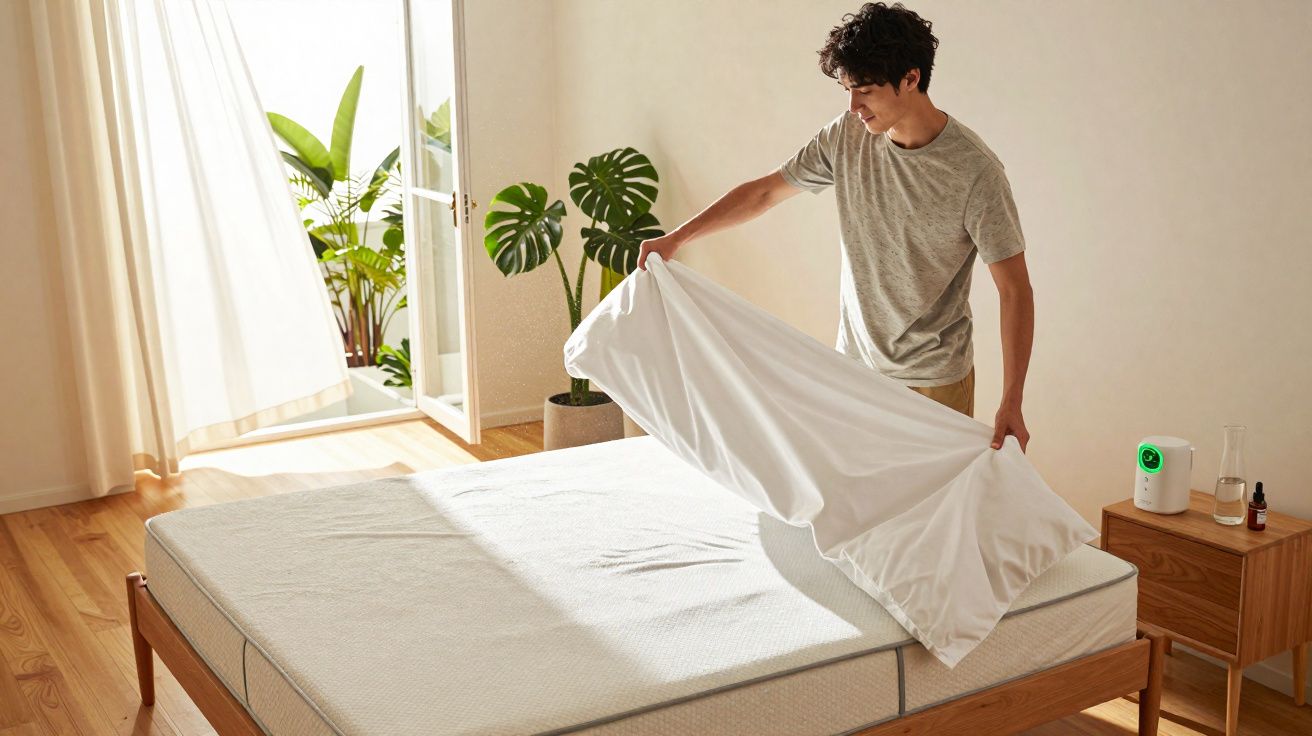 Homme en train de changer les draps d'un lit dans une chambre lumineuse avec plantes et meuble en bois.