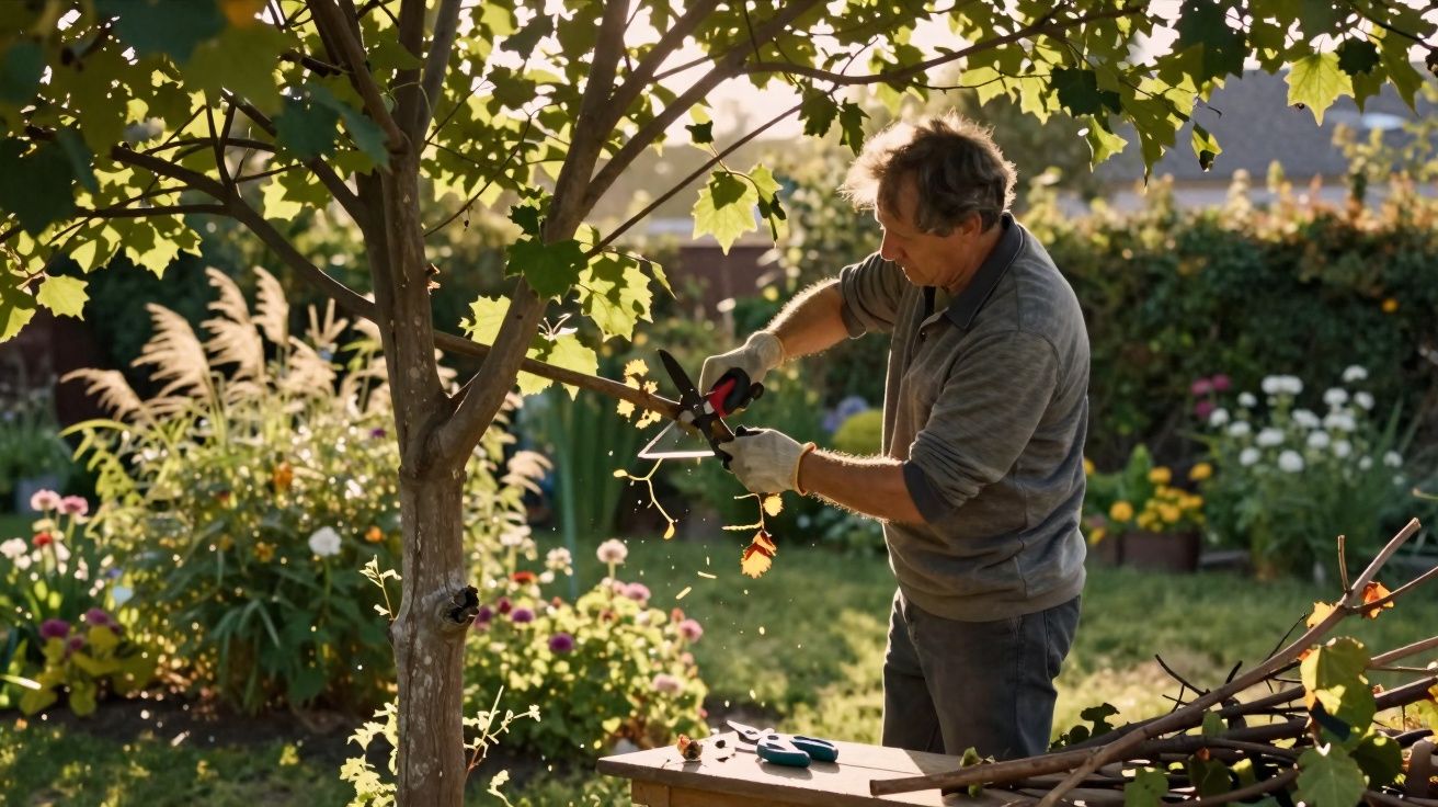 Homme taillant les branches d’un arbre dans un jardin ensoleillé avec des fleurs colorées en arrière-plan.