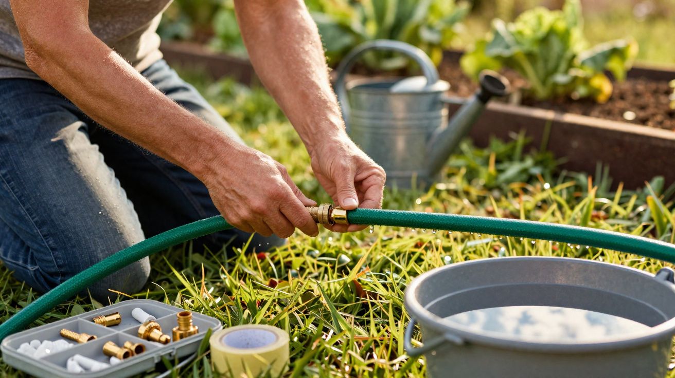 Un homme assemble un tuyau d'arrosage dans un jardin avec un arrosoir et un seau d'eau à proximité.