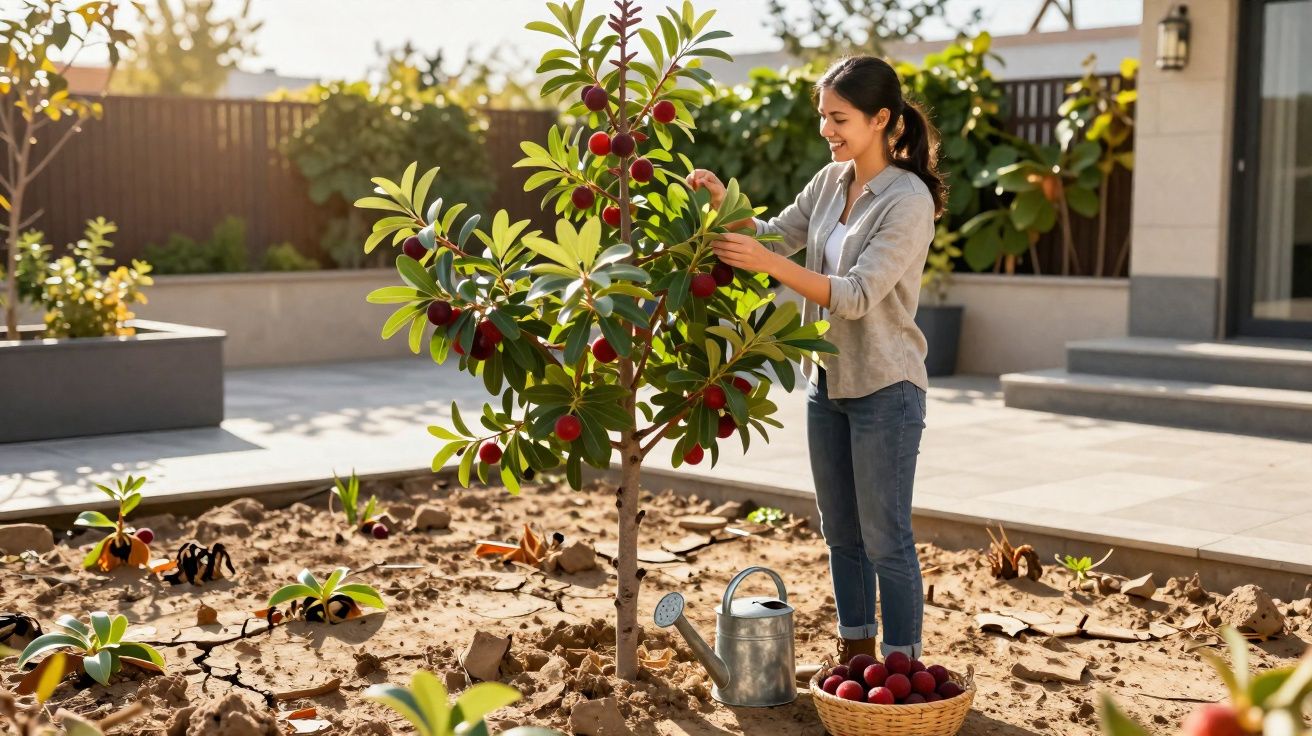 Femme cueillant des fruits rouges sur un arbre dans un jardin ensoleillé avec un arrosoir et un panier.