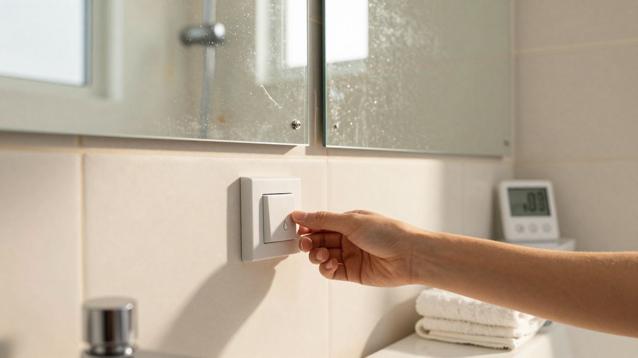 Main allumant un interrupteur mural blanc dans une salle de bain lumineuse avec miroir et serviettes blanches.