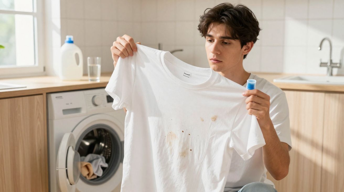 Jeune homme inspectant un t-shirt blanc taché avant de le laver dans une buanderie lumineuse.