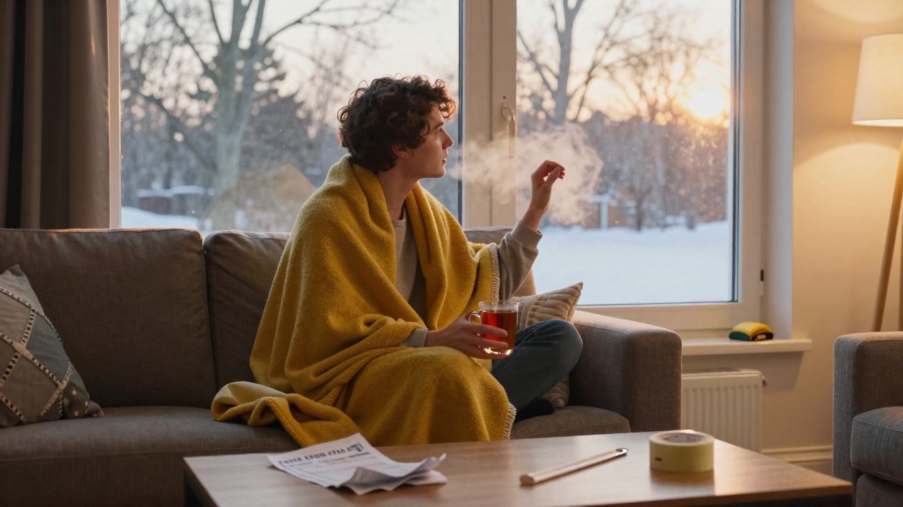 Personne enveloppée dans une couverture jaune, buvant une infusion, regardant par une fenêtre un paysage enneigé au coucher d