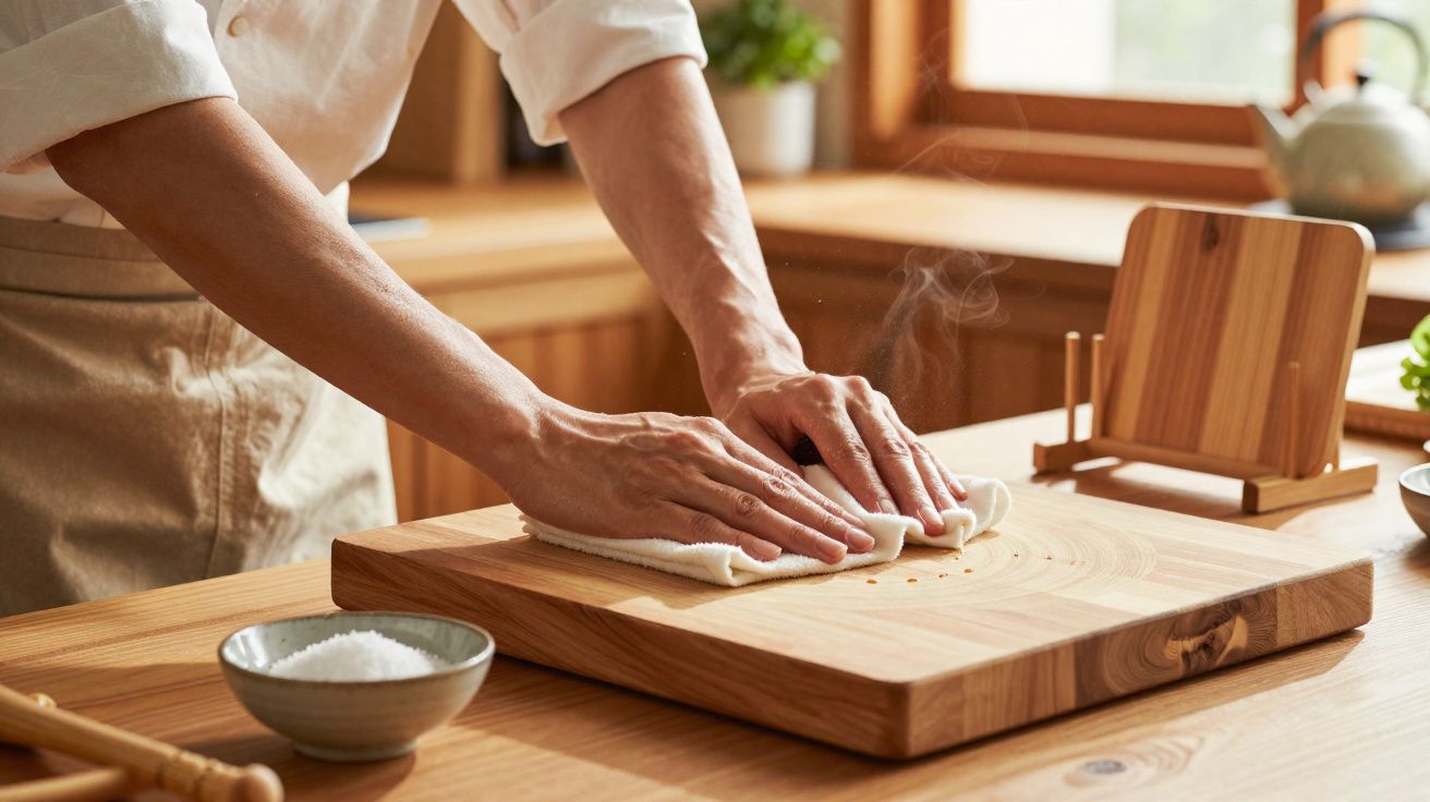 Une personne essuie une planche à découper en bois dans une cuisine chaleureuse et lumineuse.