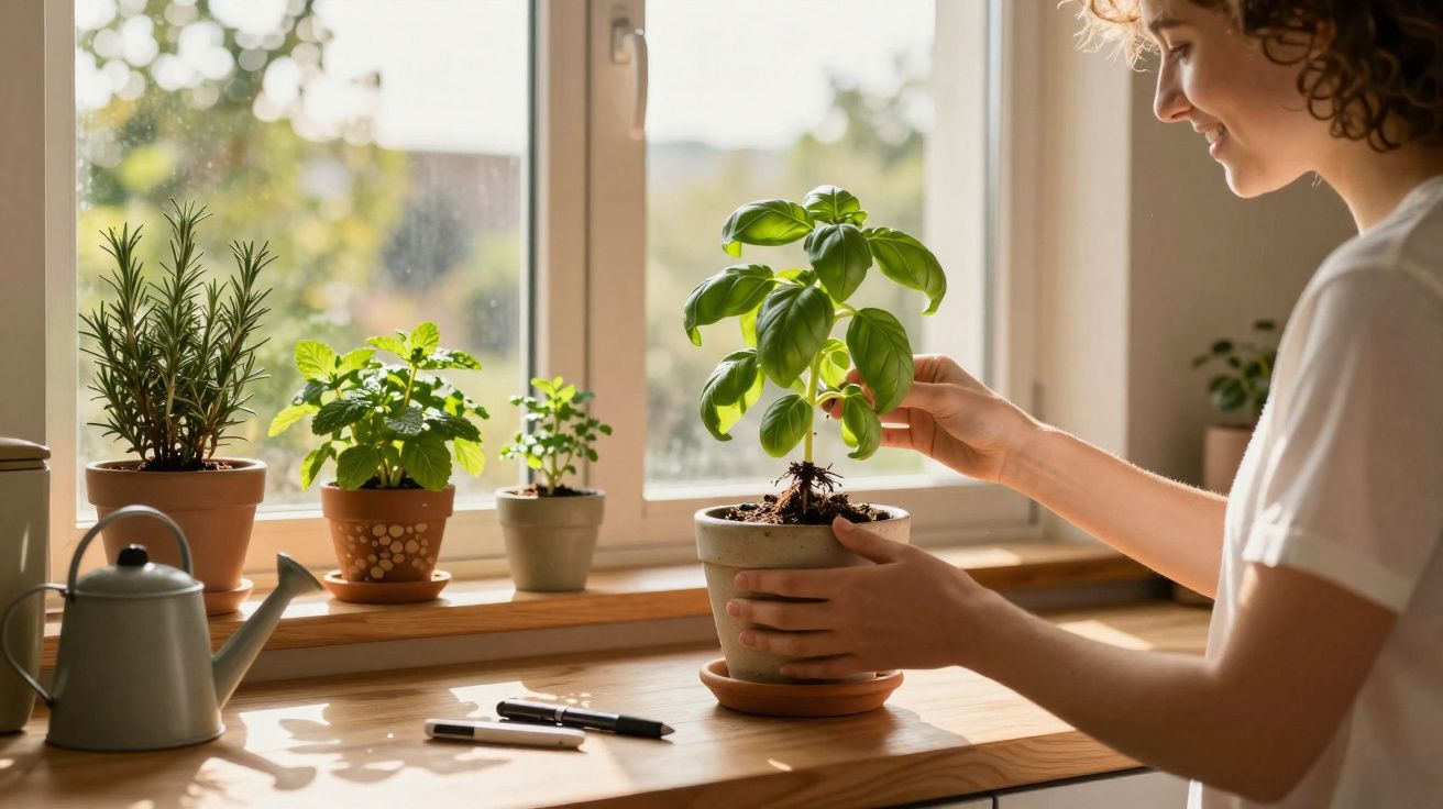 Une femme souriante transplante une plante verte dans un pot près d'une fenêtre ensoleillée.