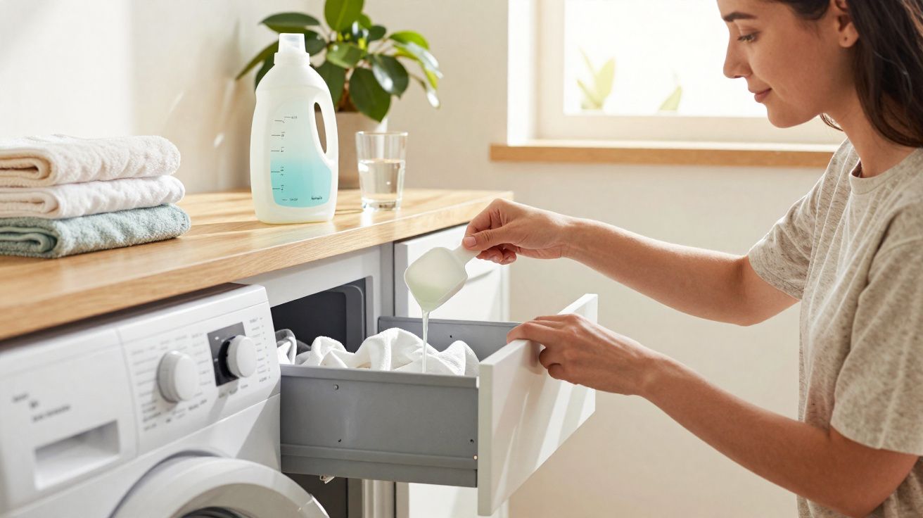 Femme versant du détergent liquide dans le tiroir d'une machine à laver dans une buanderie lumineuse.