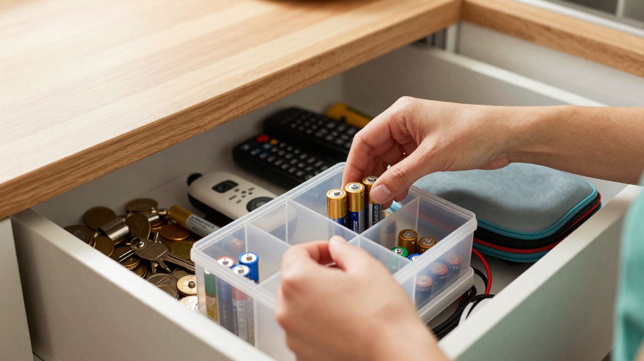 Mains rangeant des piles dans un compartiment d'une boîte en plastique dans un tiroir contenant clés, télécommandes et objets