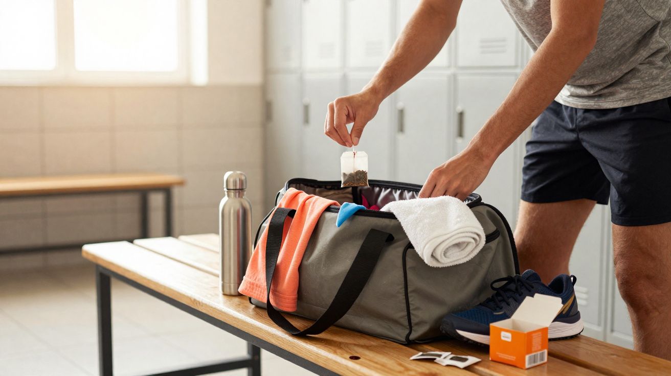 Personne range un sachet de thé dans un sac de sport avec serviette, bouteille et baskets sur un banc dans un vestiaire.