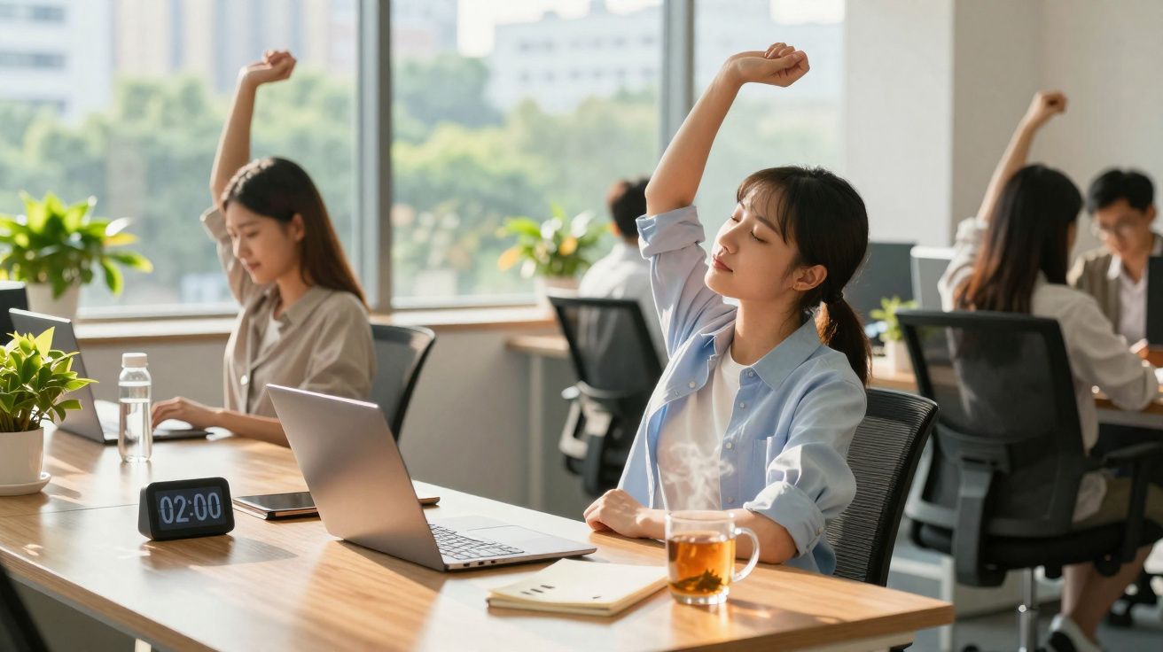 Jeunes femmes au bureau faisant des étirements assises devant leurs ordinateurs portables pendant une pause.