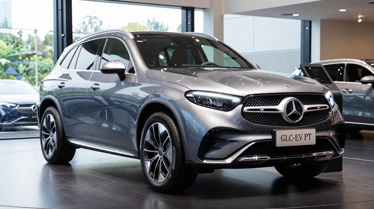 SUV Mercedes-Benz GLC-EV gris métallisé exposé en intérieur, vue avant trois-quarts droit.