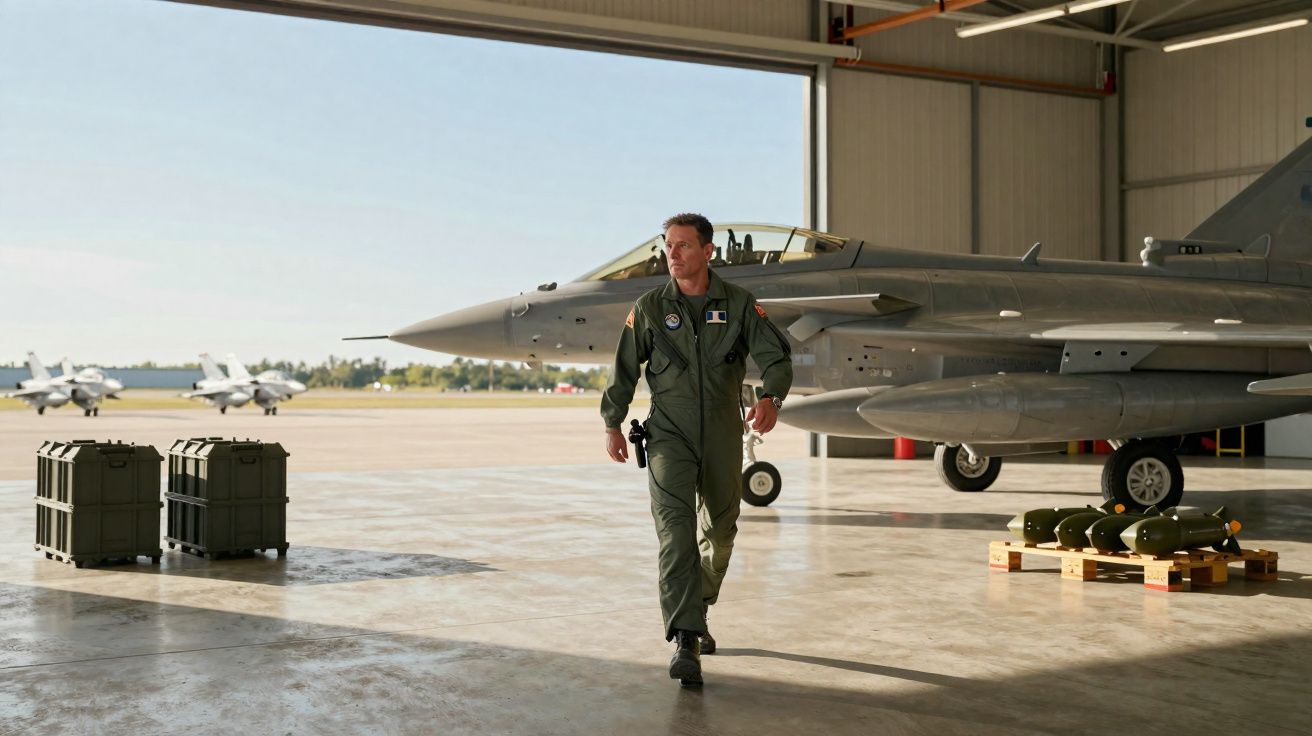 Un pilote en combinaison verte marche dans un hangar près d’un avion de chasse gris avec des bombes à côté.