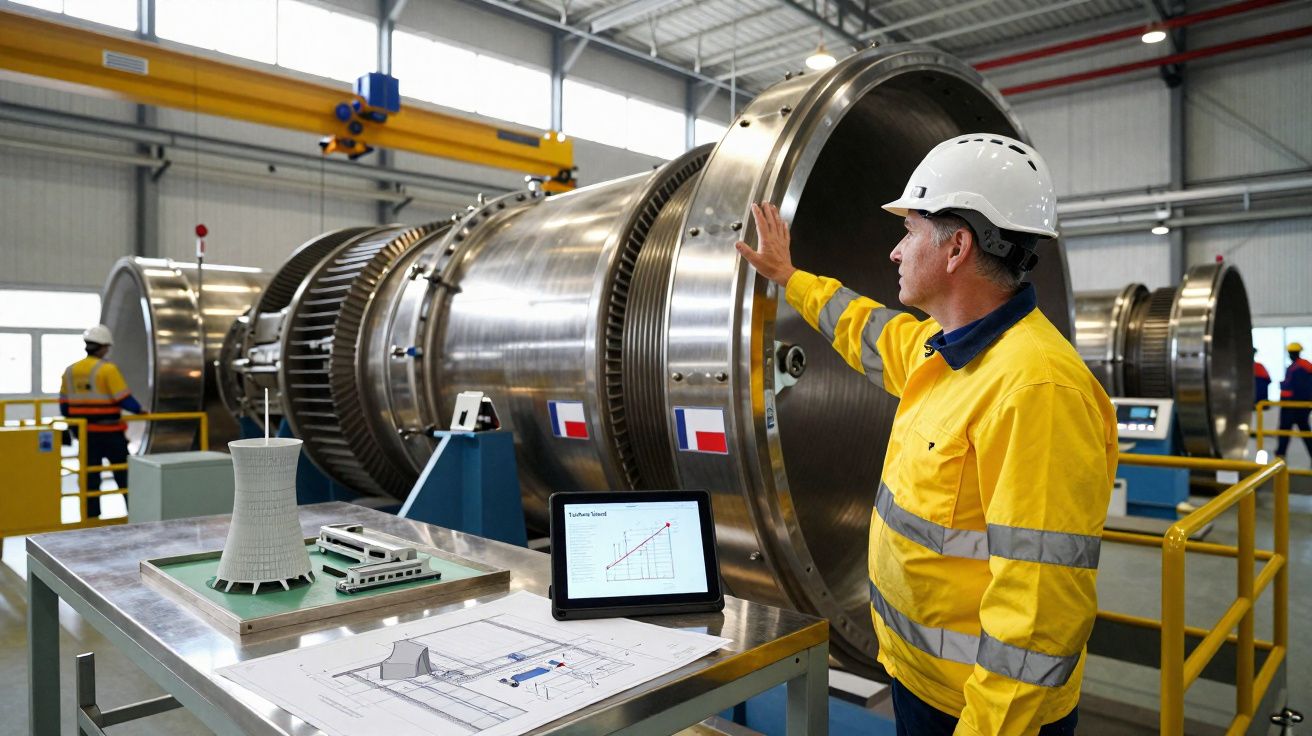 Ingénieur en casque et vêtement de sécurité inspectant une turbine industrielle dans une usine moderne.