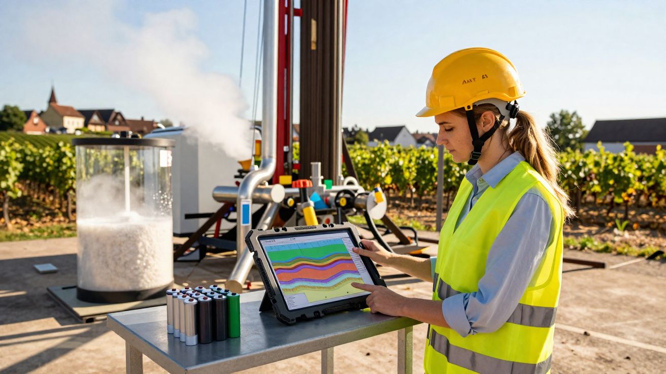 Femme ingénieure en casque et gilet réfléchissant utilisant une tablette sur un site d’étude géologique en extérieur.