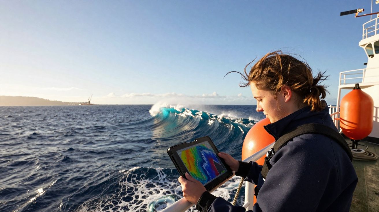 Une femme sur un bateau utilise une tablette pour analyser des données océaniques, une vague bleue en arrière-plan.