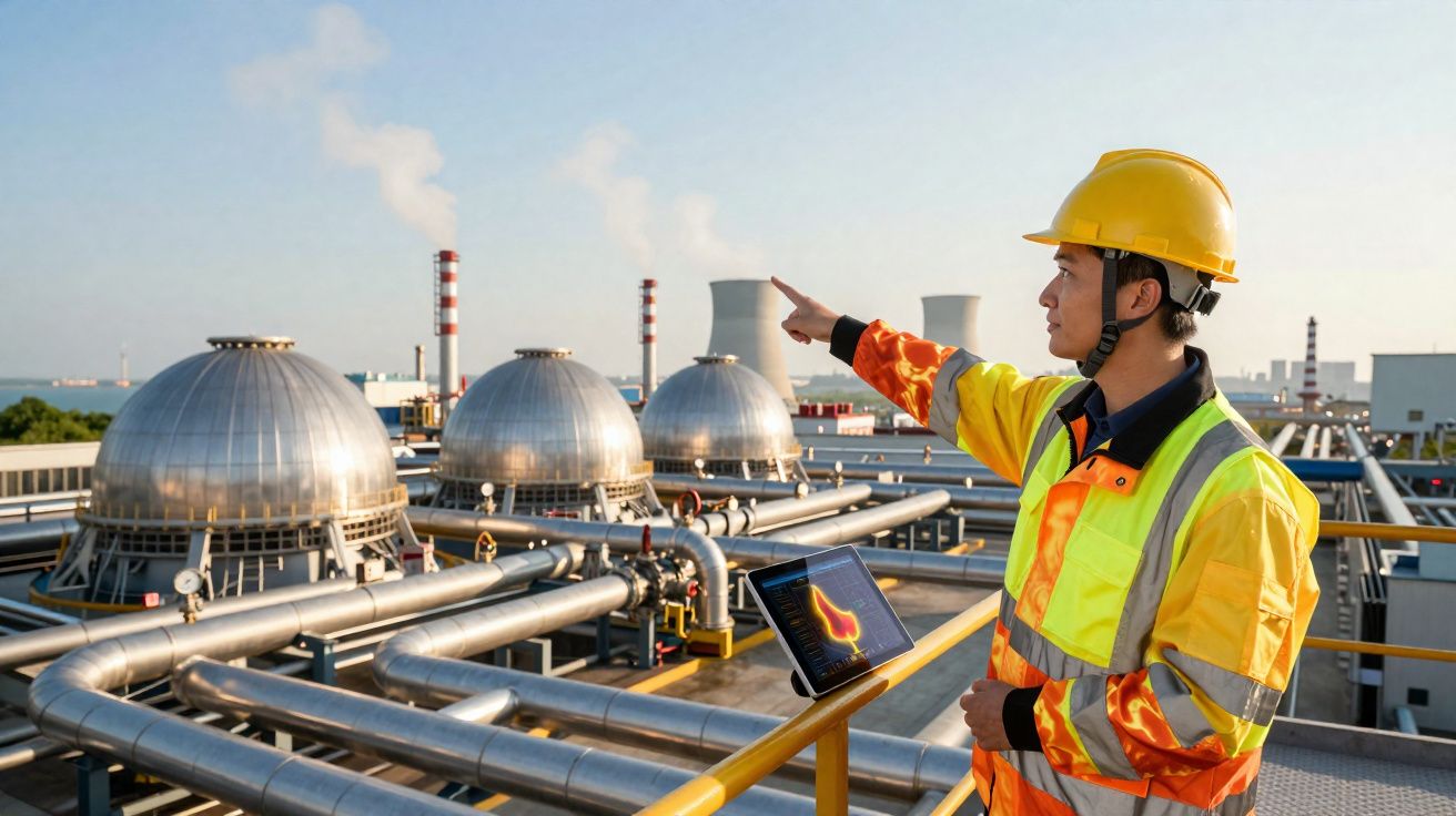 Ingénieur en casque et gilet réfléchissant inspectant une usine industrielle avec des cuves et des cheminées fumantes.