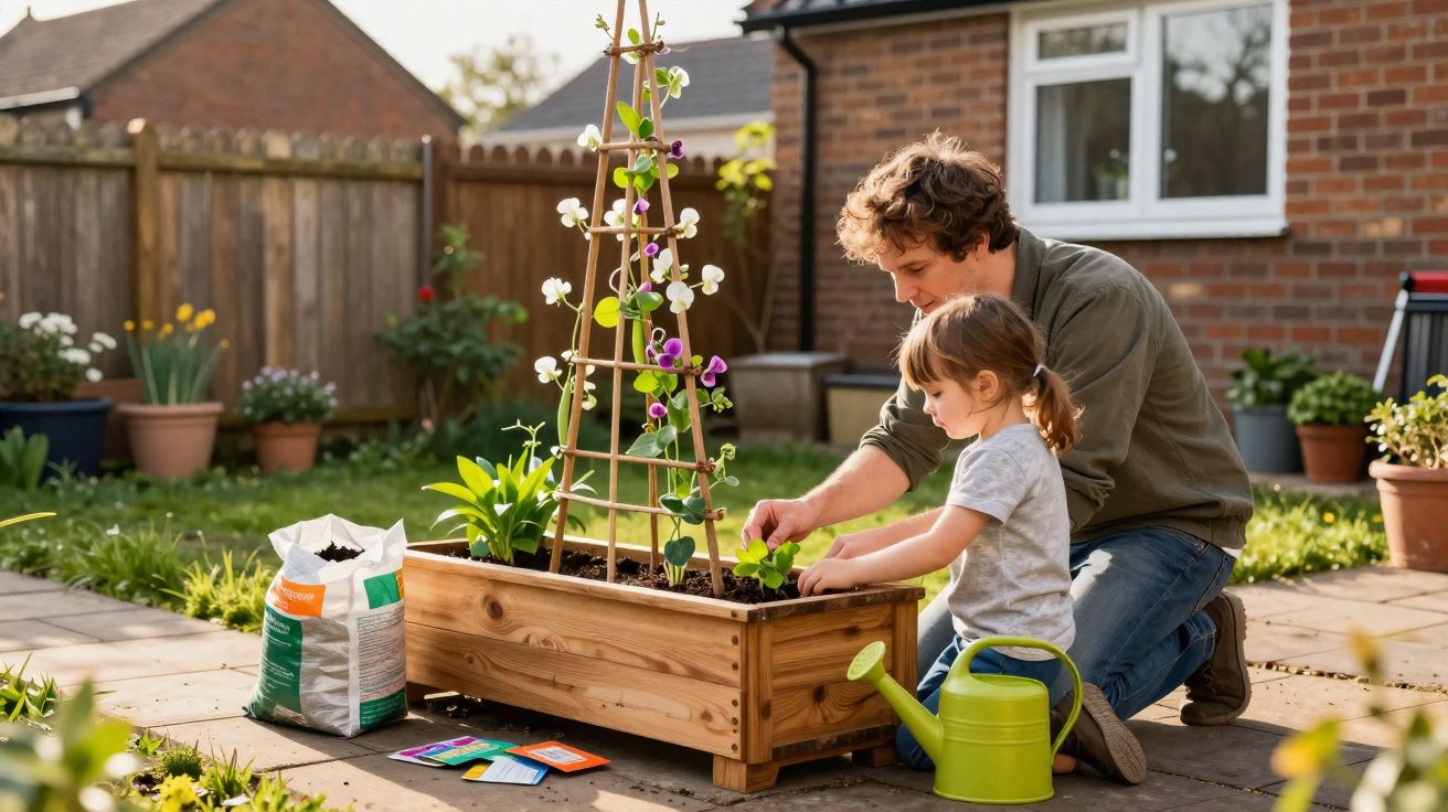 Un homme et une fillette jardinent ensemble dans un jardin, plantant des fleurs dans un bac en bois.