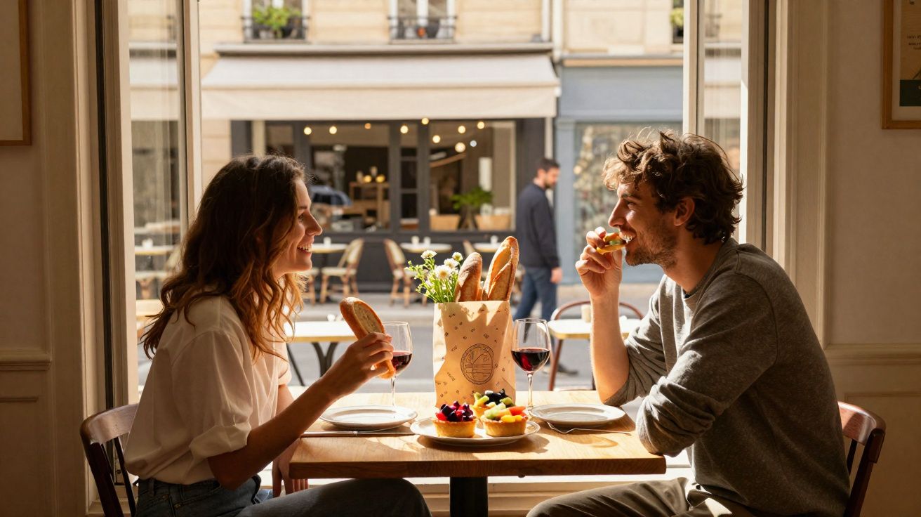 Un couple souriant partage un repas avec du vin et du pain dans un café lumineux avec vue sur la rue.