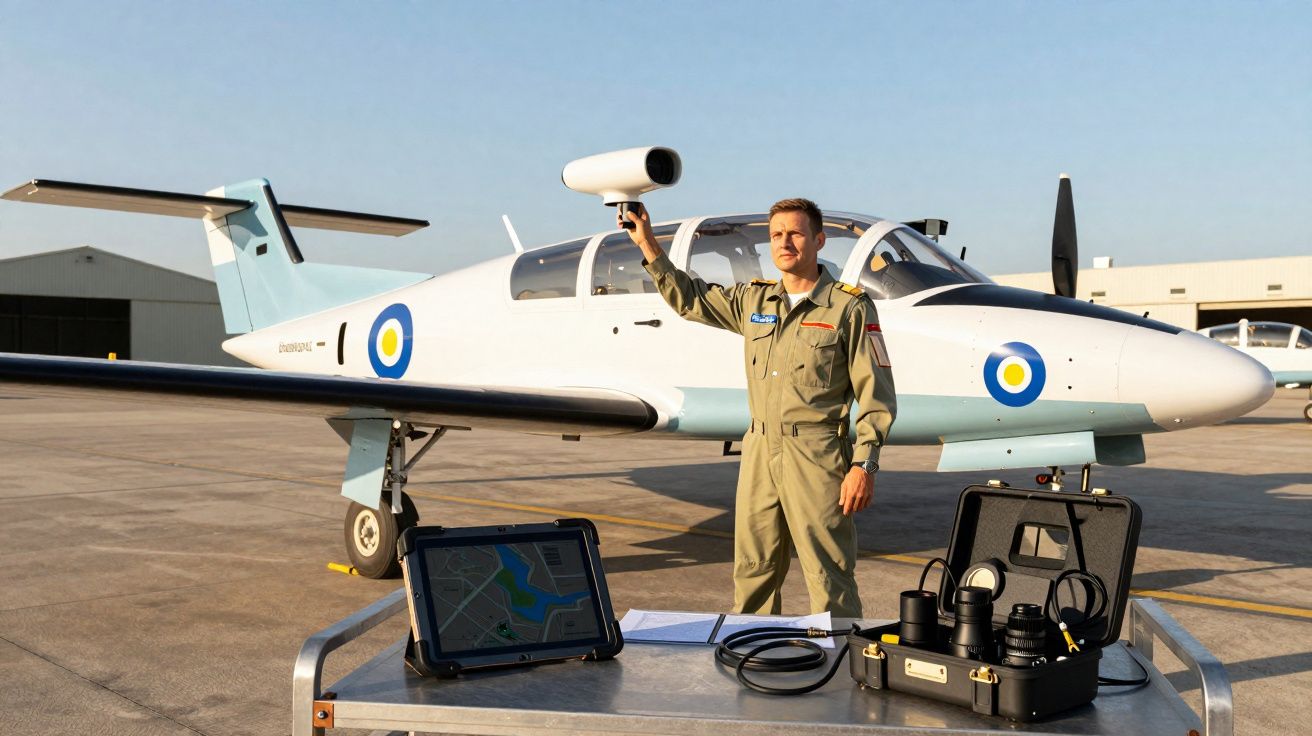 Un pilote en tenue, debout devant un avion blanc avec des équipements de navigation sur une table en piste.