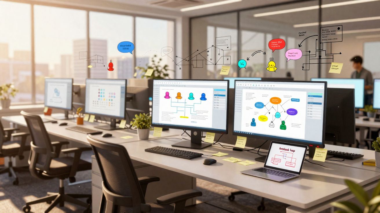 Bureau moderne avec plusieurs ordinateurs affichant des diagrammes et post-it sous lumière naturelle.