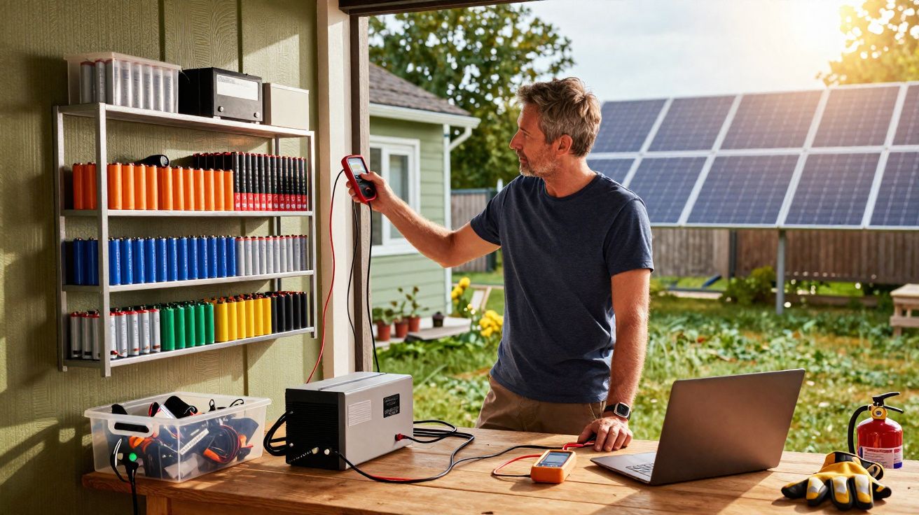 Homme testant un appareil électrique dans un atelier avec batterie, ordinateur et panneaux solaires en arrière-plan.