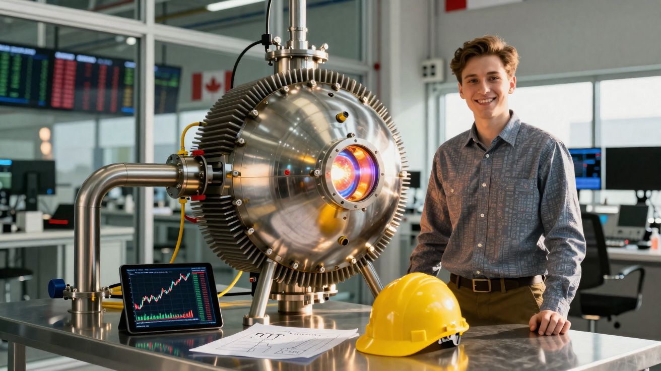 Jeune scientifique souriant près d'un équipement scientifique sphérique en laboratoire moderne.