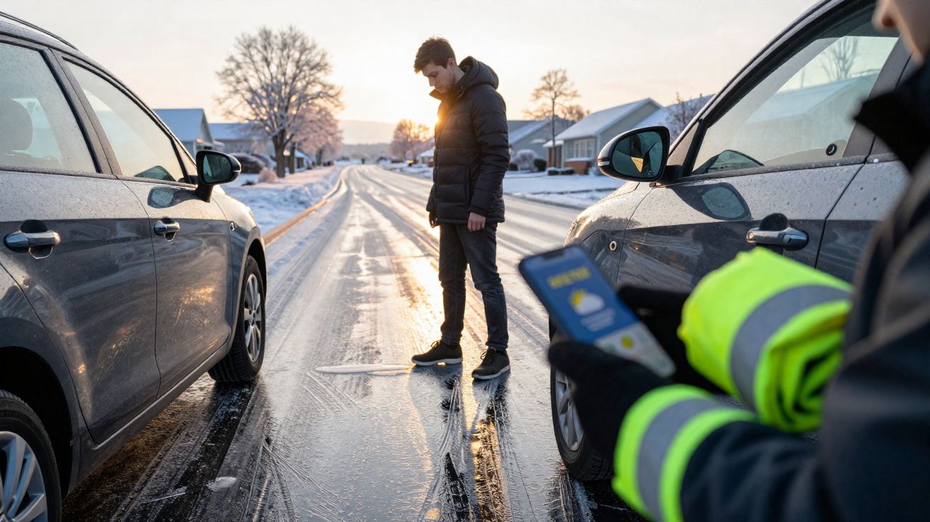 Deux voitures immobilisées sur une route glacée, un homme debout au milieu, une autre personne consulte un téléphone.
