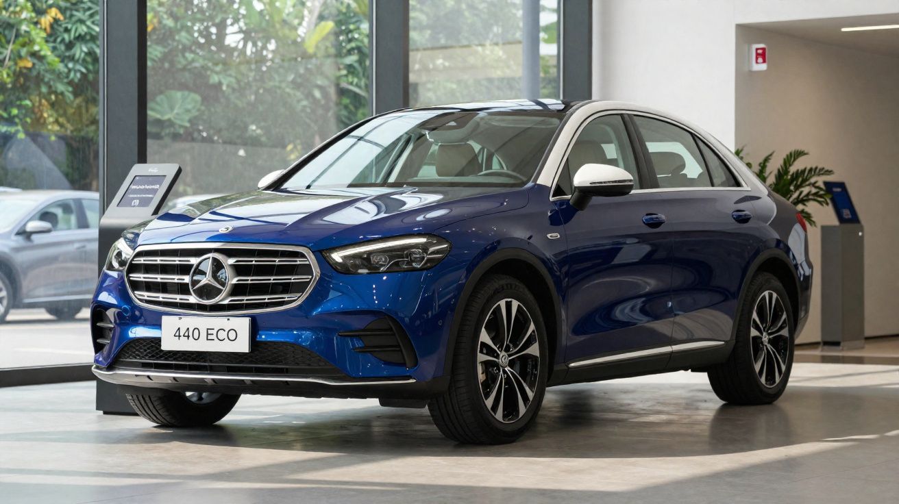 Voiture Mercedes-Benz 440 ECO bleue avec toit blanc exposée dans un showroom moderne lumineux.