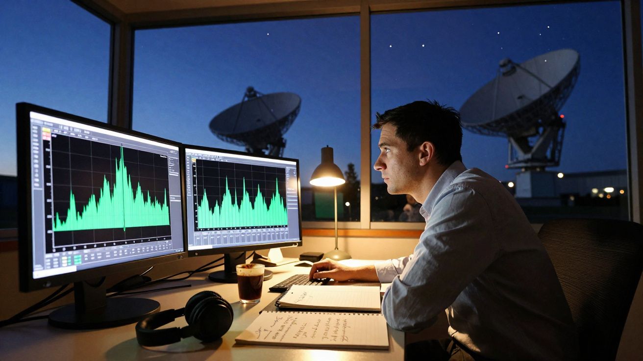 Homme analysant des données sur deux écrans avec des antennes parabolique visibles de nuit à travers la fenêtre.