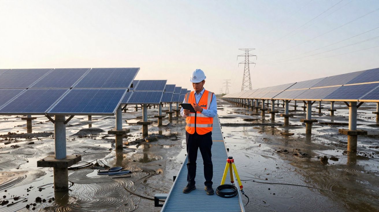 Ingénieur en gilet orange et casque blanc inspectant une centrale solaire au sol boueux au lever du soleil.