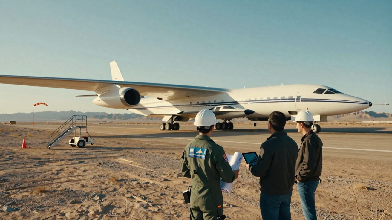 Trois techniciens en tenue de travail regardant un avion de recherche blanc sur une piste désertique.