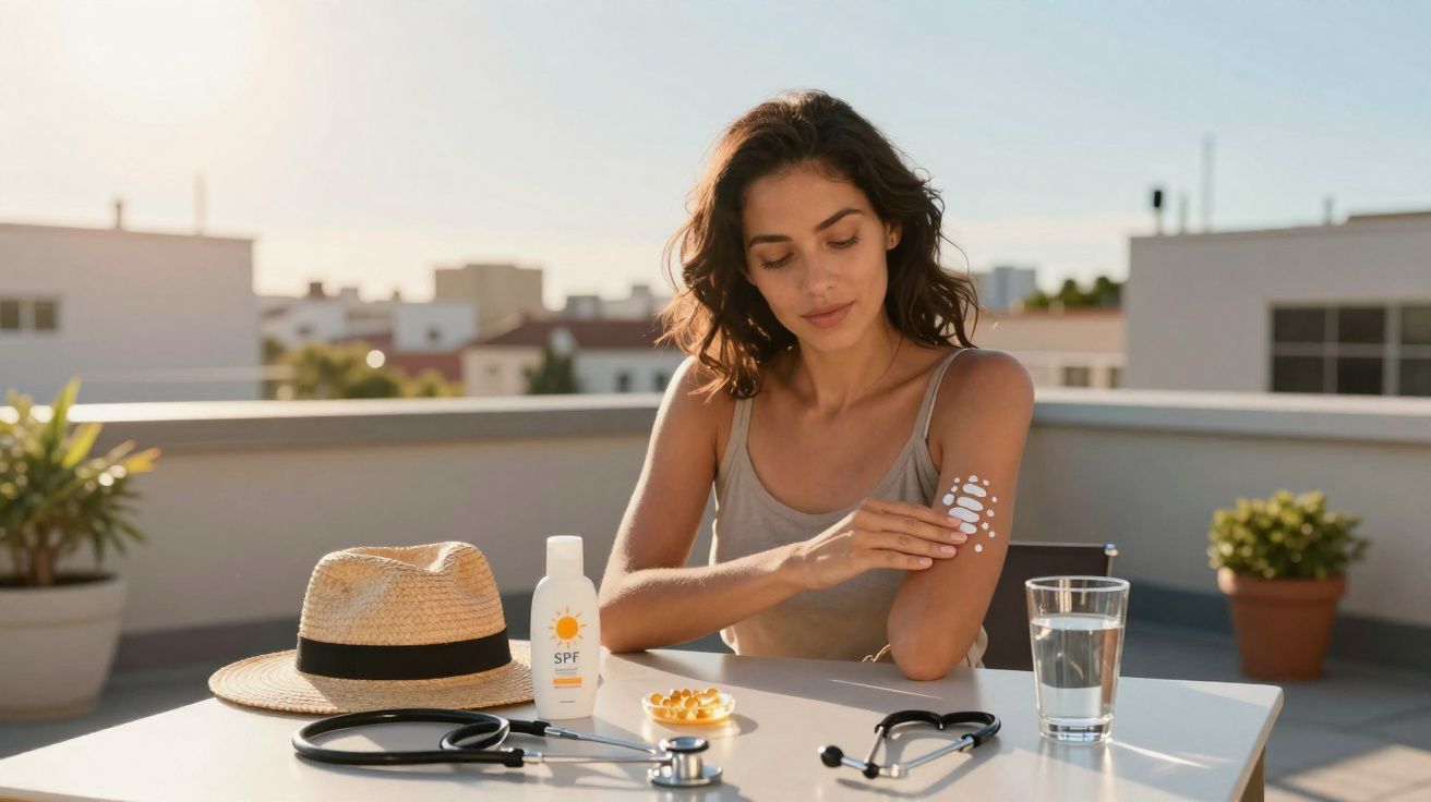 Femme appliquant de la crème solaire sur le bras, assise à une table avec un chapeau, un stéthoscope et un verre d'eau.