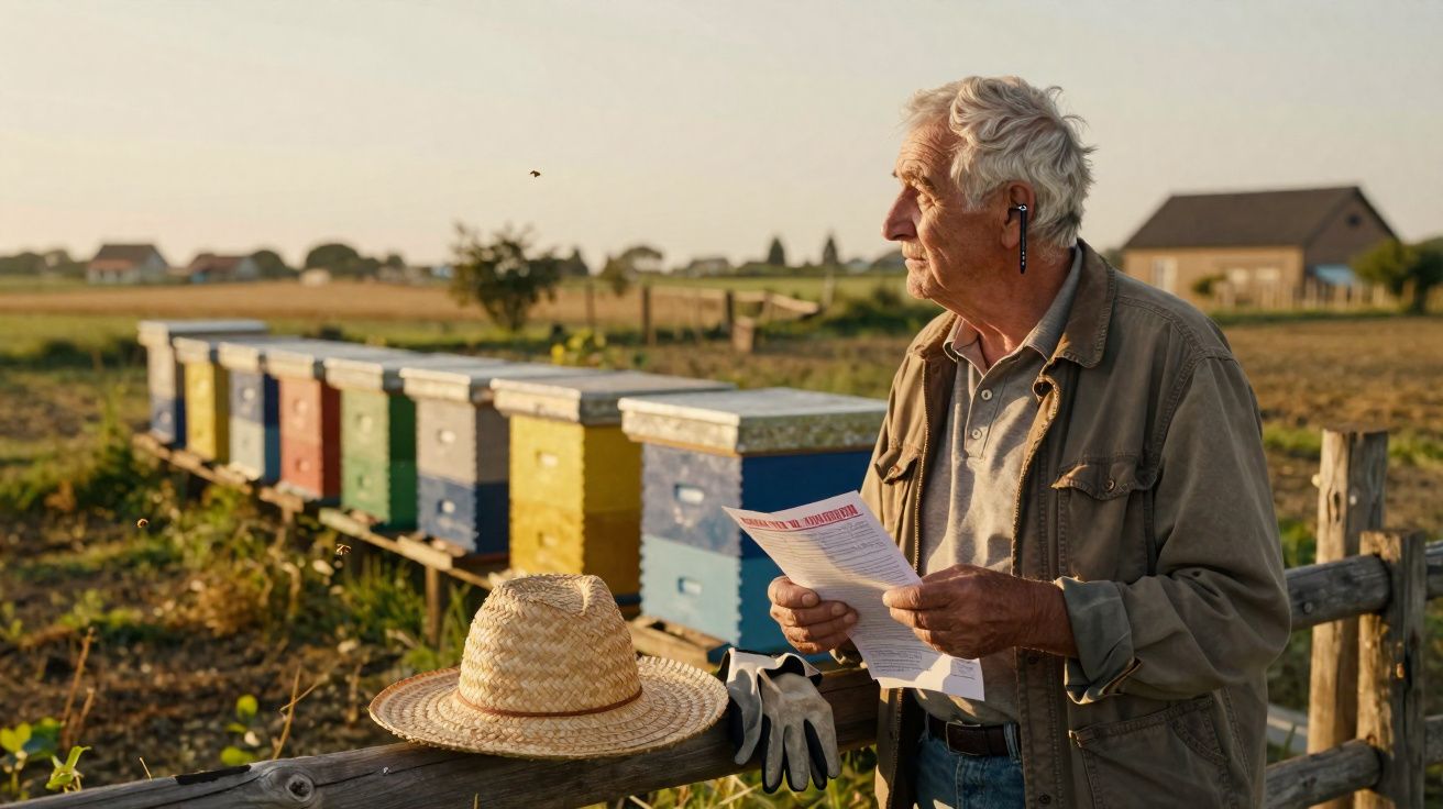 Homme âgé dans un champ, tenant une feuille, près de ruches colorées au coucher du soleil.