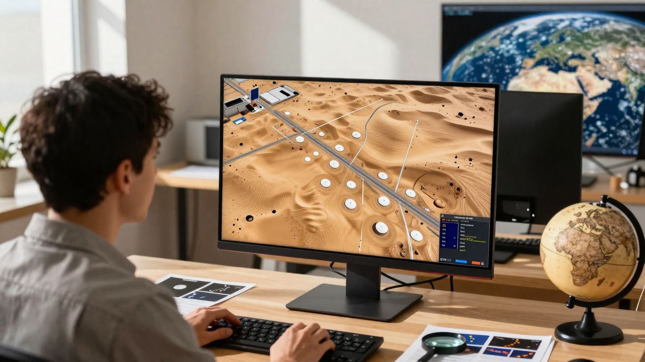 Personne travaillant sur un ordinateur avec simulation de colonie sur une planète désertique, globe terrestre à côté.