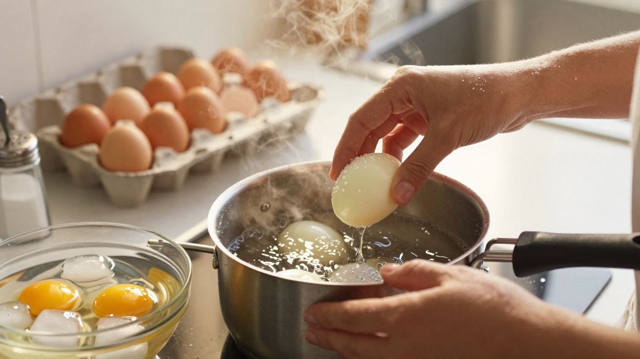 Main retirant un œuf de l'eau bouillante dans une casserole, avec des œufs crus dans un bol à côté.