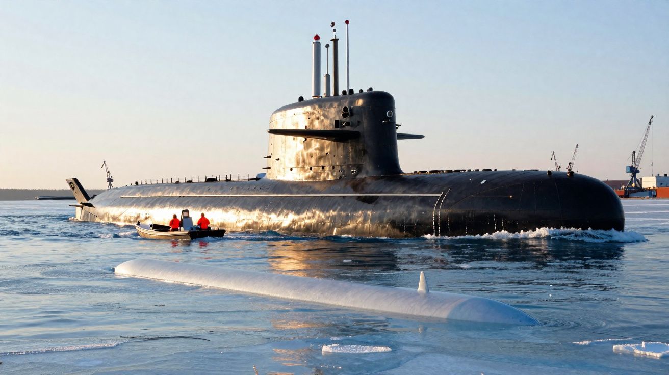Sous-marin noir à la surface de l'eau avec une petite embarcation à côté, lumière du soleil couchant.