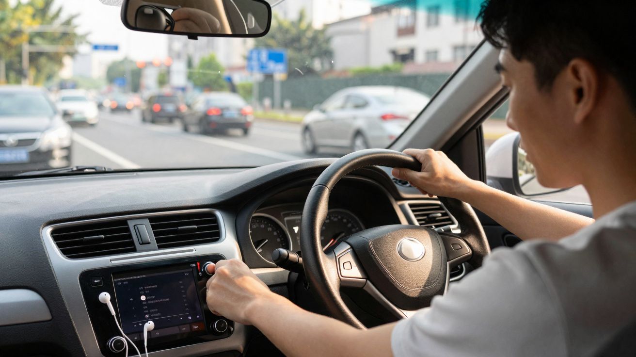 Homme conduisant une voiture à droite et ajustant la radio sur une route urbaine en journée.