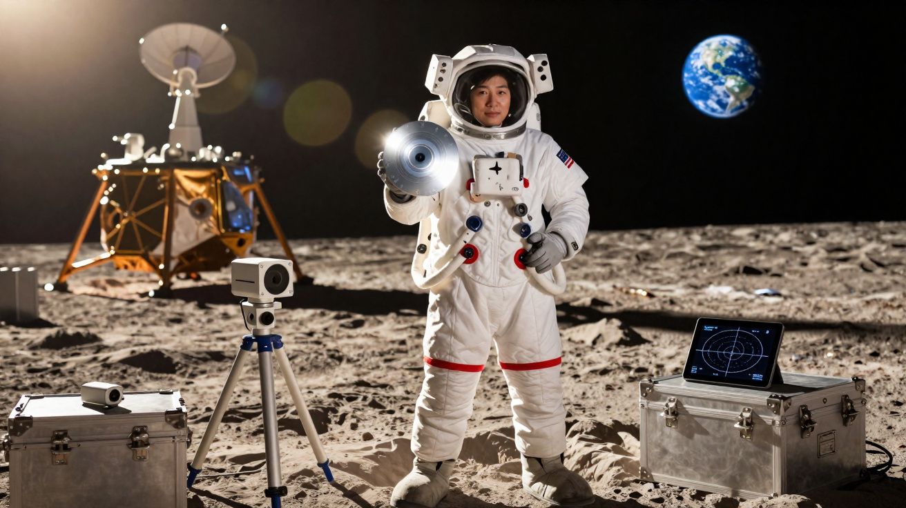 Astronaute en combinaison sur la lune avec équipements scientifiques et la Terre en arrière-plan.